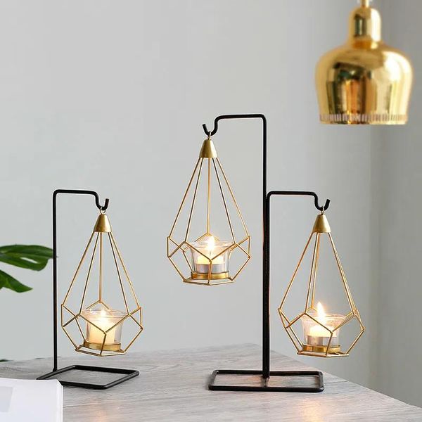 Tutucular Nordic Style Gold Geometrik Mum Metal Tealight Mum Stand Tutucu ile Ferforje Asma Raf Dekorasyon Ev Zanaat Y200110