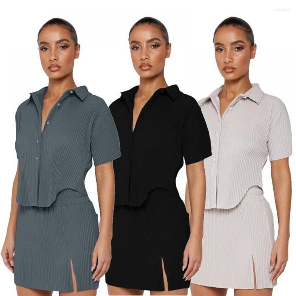 Arbeitskleider 2023 Modetrend Sommer Sexy Solid Farbe Lappel Single Breaceed Ruffle Bluse Kurzrock Rock Freizeit zweiteilige Frauenkleidung