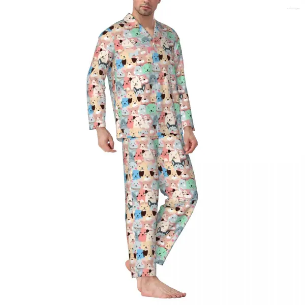 Erkekler pijama köpek baskı pijama setleri renkli hayvan kawaii erkek uzun kollu gündelik uyku 2 adet ev takım elbise artı 2xl