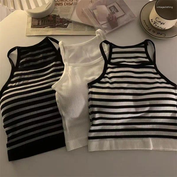 Regatas femininas alça espaguete regata sexy magro listrado colheita topos com sutiãs embutidos 2024 verão elegante festa streetwear feminino camis