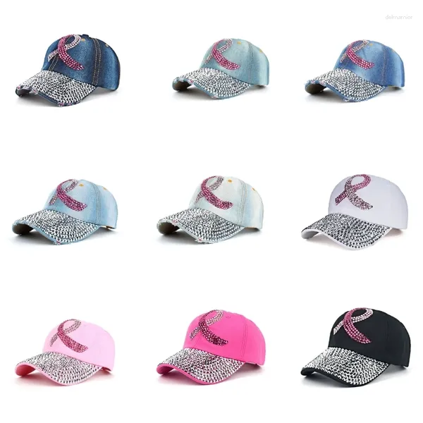 Berretti Cappello da baseball con nastro rosa Cappelli con visiera per la consapevolezza del cancro al seno per le donne Bling
