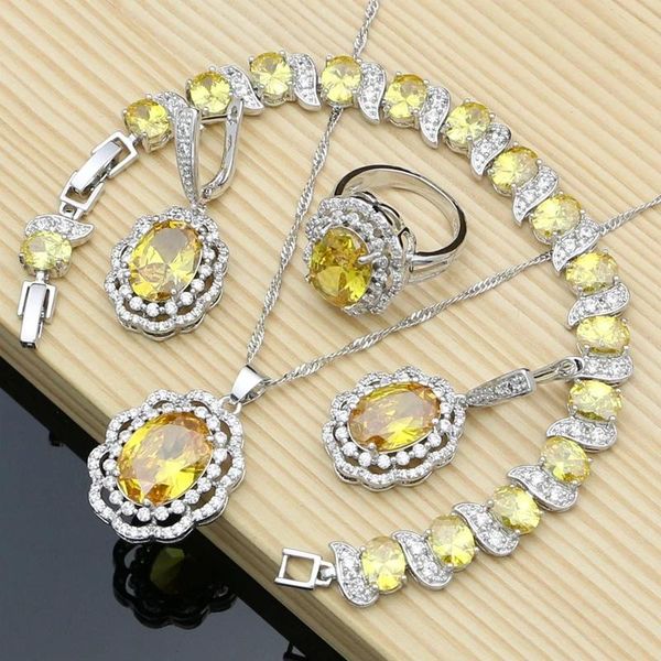 Браслеты 2019 Модные стерлинги Sier Dewelry устанавливают желтые кубические циркониевые камни с серьгими кольца украшения браслета для женщин подарок