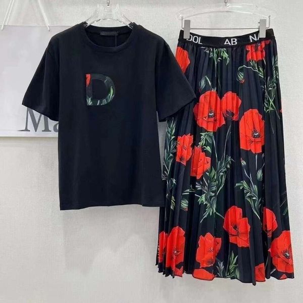 Conjunto feminino designer saia conjunto moda impressa de manga curta superior cintura elástica saia longa de duas peças pulôver algodão camiseta terno