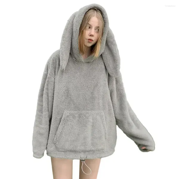 Kadın Hoodies Düz Renk Kalın Hoodie Ear Kapüşonlu Peluş Peluş Sweatshirt Kışla ön cepli sevimli uzun kollu