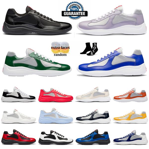 Designer Classic Casual America Cup Patent Sneakers Top Quality Flat Trainers para Homens Mulheres Couro Nylon Preto Vermelho Escuro Marinha High-Top Outdoor Trainer Sport Shoes