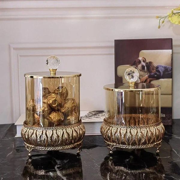 Vasos criativo transparente ouro vidro doces jar metal selado garrafa de armazenamento casa chocolate cookie artesanato decoração