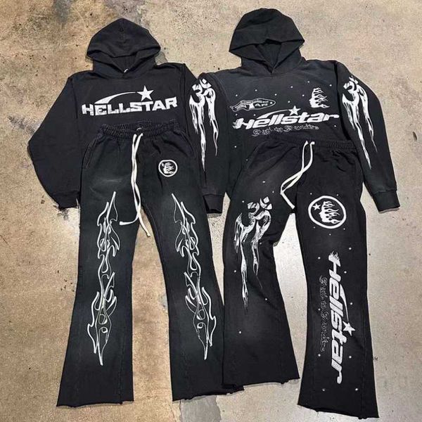 Rock hip hop rua hellstar hoodies conjunto lavado chama carta impressão com capuz pulôver masculino feminino oversized hell star sweatshirts t u8qg