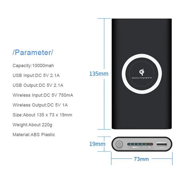 Banks Qi Wireless Charger Power Bank 10000Mah 10000 mAh Poverbank Batteria esterna Carica wireless PowerBank per telefono cellulare