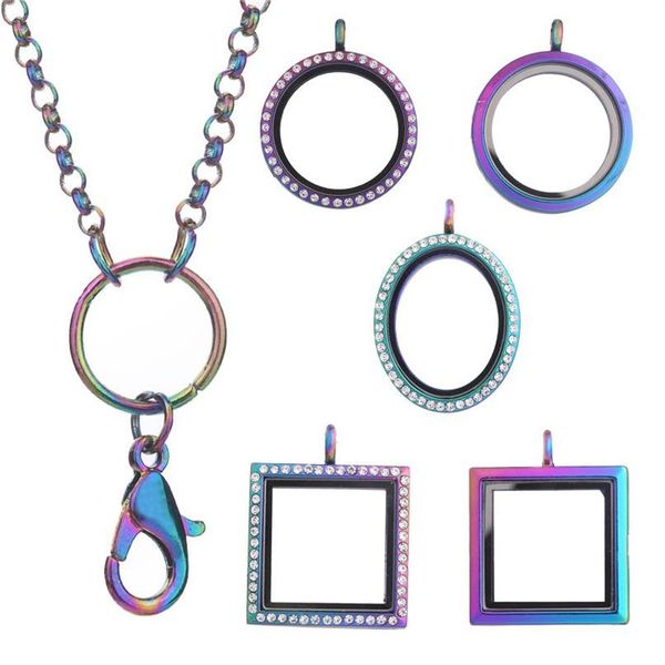10 pçs / lote arco-íris cor redonda flutuante encantos medalhão pingente para mulheres colar memória magnética medalhão de vidro vivo com correntes y1265v