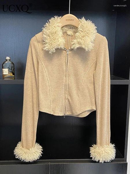 Damenstrick UCXQ Pelzkragen gespleißt warmer Strickjackenmantel Frauen Langarm elastischer Reißverschluss weiße Pulloverjacke 2024 Frühling Winter 23A5379