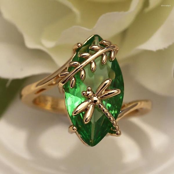 Anéis de casamento Marquise Corte Rosa Pedra Verde Grande Olho de Cavalo para Mulheres Antigo Cor de Ouro Zircão Bandas Libélula Anel Festa Jóias