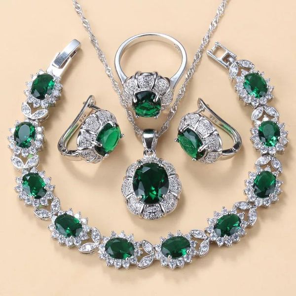 Braccialetti Mark Collana da sposa e orecchini Set di gioielli per donne Abito da sposa alla moda Costume Bracciale e anello con ciondoli in zirconi verdi