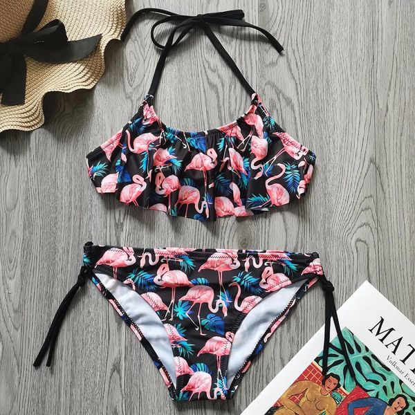 Conjunto flamingo flounce menina maiô crianças 714 anos 2 peça de banho das crianças halter topo adolescente conjunto biquíni meninas maiô