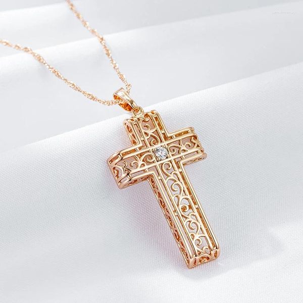 Anhänger Halsketten Wbmqda 585 Rose Gold Farbe Glänzend Hohl Kreuz Halskette Für Frauen Mit Weiß Natual Zirkon Mode Schmuck Zubehör