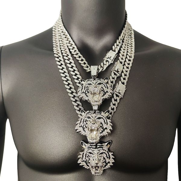 Hip Hop 3D Tiger Anhänger Halskette 24k Solid Fine Gelb Weiß Kristall CZ Kubanische Kette HipHop Iced Out Bling Halsketten Herren Mode Charm Schmuck Schwer