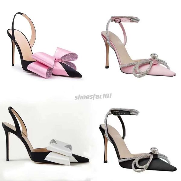 Neueste Satin-Schleife-Pumps, Damen-Sandalen, Ledersohle, Strass-Slingbacks, Dekoration, Damen-Stiletto-Absatz-Sandalen, hochwertige Designer-Abendkleid-Schuhe mit Box