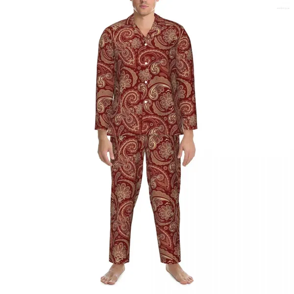 Pigiama da notte da uomo Uomo Rosso Paisley Home Stampa vintage 2 pezzi Pigiama casual Set manica lunga Abito oversize adorabile