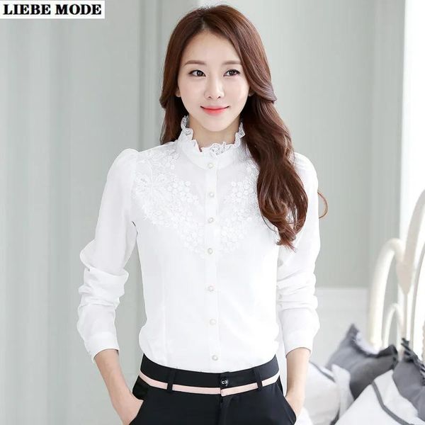 Shirts Women's Elegant's Lace Floral Shirts Office Formale Lunga Curse per colletti Tops Women Black White Slim Camisas Mujer