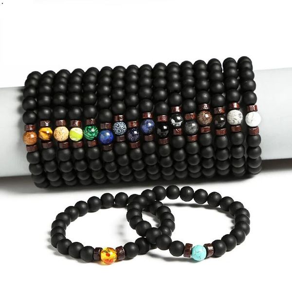 8 mm schwarze Glasperlen-Armband, Holz-Spacer-Chakra-Naturstein-Perlen-Charm-Set, Schmuck für Frauen und Mädchen, Geschenk