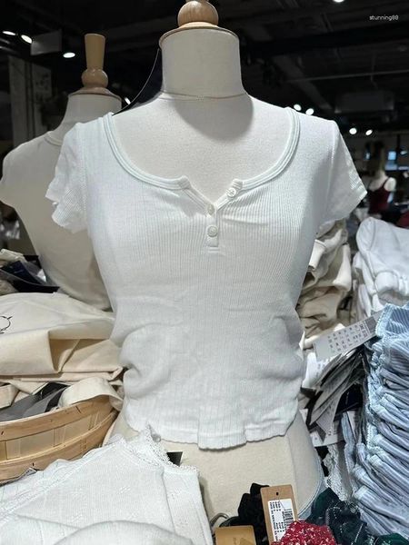 Damen-T-Shirts, weiße Knöpfe, gerippt, schmales Hemd für Frauen, Sommer, Rundhalsausschnitt, lässig, Basic-T-Shirts, Kleidung, Femme, Vintage, solides Baumwoll-Crop-Top