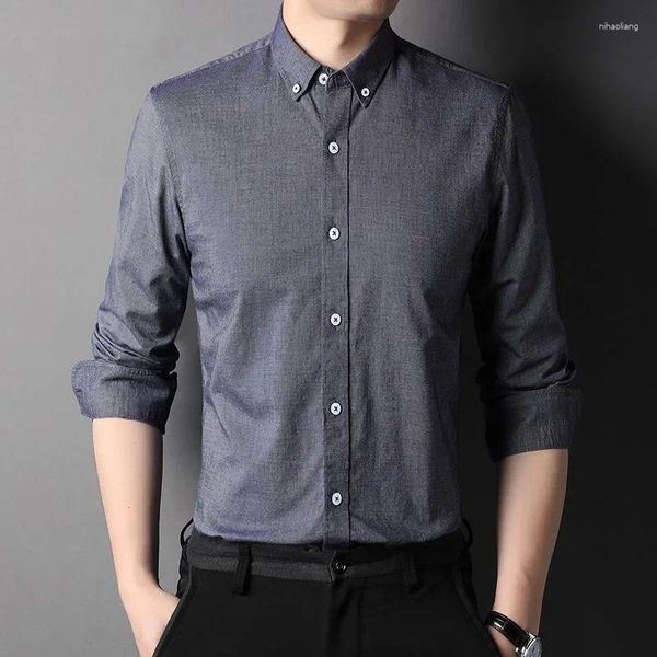 Camisas casuais masculinas de alta qualidade algodão marca de moda designer fino ajuste botão para baixo dos homens cor sólida manga longa roupas masculinas