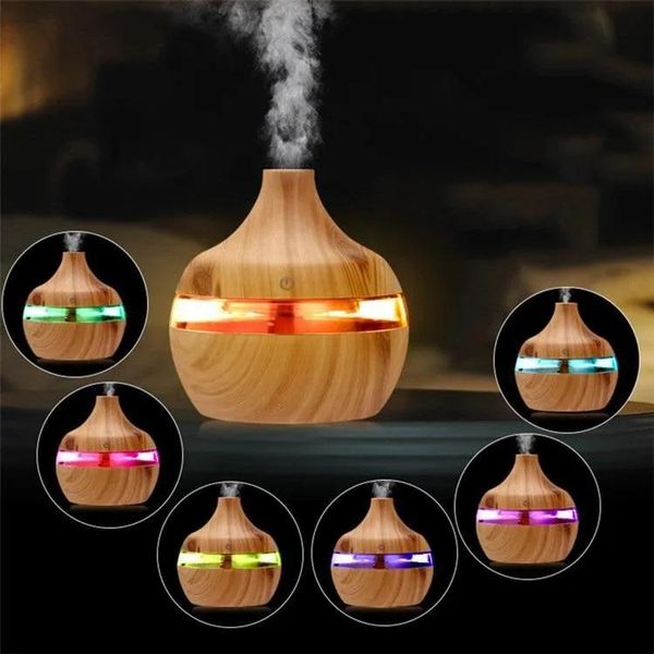 Diffusori 300ml Grano di legno Umidificatore Aromaterapia Olio essenziale Diffusore d'aria Bambù Diffusori ad ultrasuoni a nebbia fredda con cambio 7 colori LED