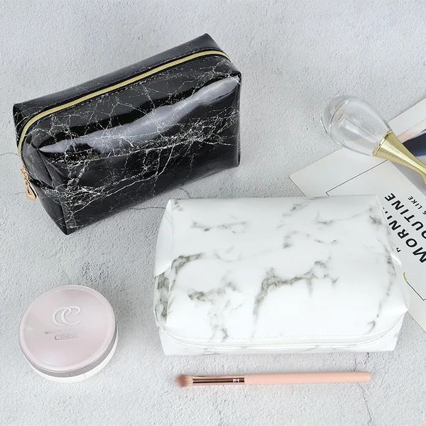 Trucco portatile impermeabile Nero Bianco Modello pietra PU Pelle Trucco Pennello cosmetico Custodia Custodia da viaggio Custodia da toilette 231229