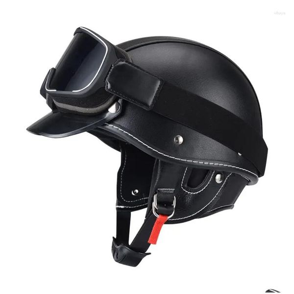 Motorradhelme Vintage Design Schwarz Pu-Leder Klassischer Halbgesichtshelm für Adts mit abnehmbarer Krempe Größe S M Dot Drop Liefern DHQ2K