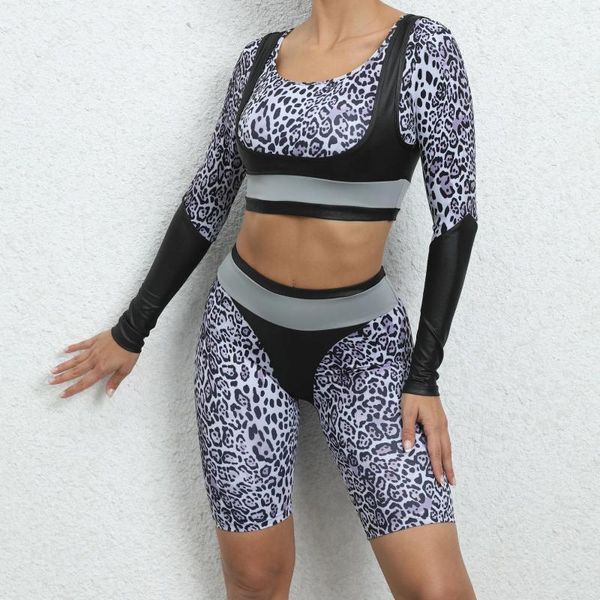 Mulheres Tracksuits Manga Longa Terno Esportivo para Fitness Mulheres Sportswear Leopard Esporte Duas Peças Ciclismo Shorts Set Tracksuit Lycra Roxo