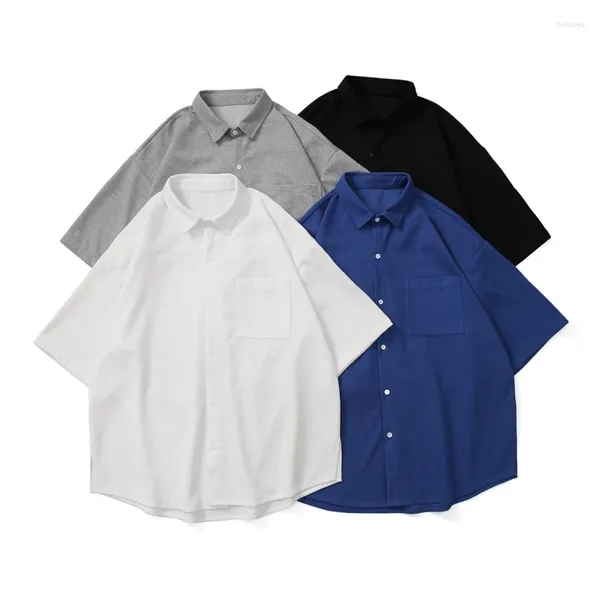 Camisas casuais masculinas verão sólido vestido superior com bainha dividida e mangas curtas soltas grande waffle masculino gola quadrada camisa topos