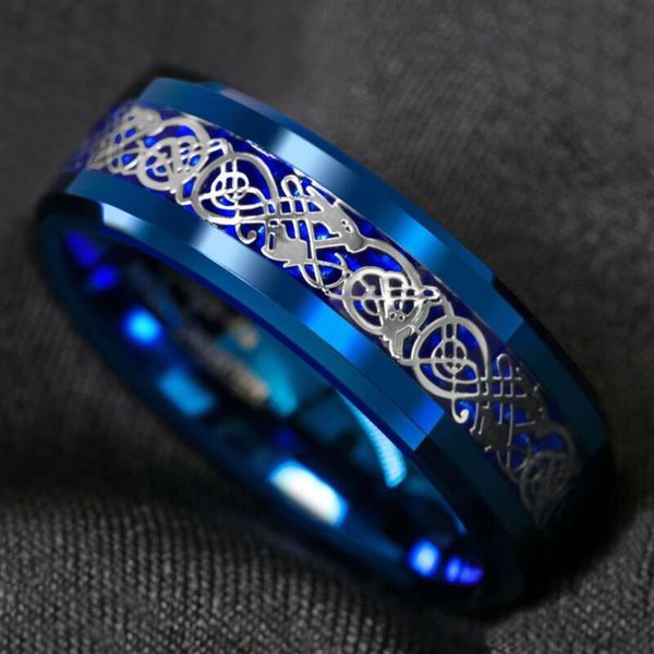 Anel de carboneto de tungstênio azul de 8 mm prata dragão celta anel de fibra de carbono masculino tamanho de aliança de casamento 6-13232Q