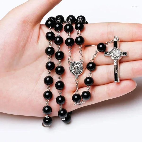 Colares Pingente Religioso Católico Preto Rosário Colar Para Mulheres Virgem Maria Crucifixo Longo Frisado Camisola Cadeia Jóias Presente