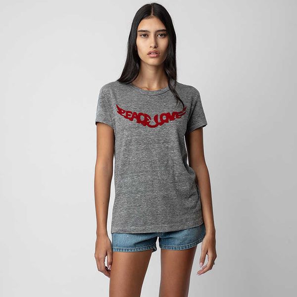 24 Early Spring New French Niche Zadig Voltaire2024 Damen-T-Shirt mit Rundhalsausschnitt, kurzärmelig, mit Frontflügelbeflockung, bedrucktem, grauem Blumengarn