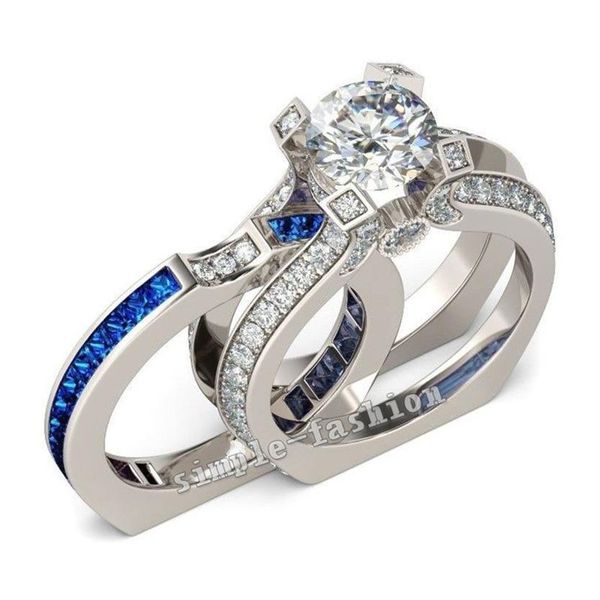 Fashion 925 Sterling Silver Princess-cut Blue Sapphire Diamond CZ Gemstone Rings set Engagement Wedding Bride Band Rings Finger fo292C