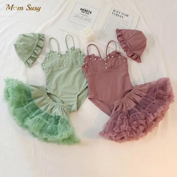 set Baby Mädchen Prinzessin Hosenträger Perle Badeanzug Mit Kappe Tutu Kleid Kind Strap Bademode Kind Strand Urlaub Schwimmen Kleidung 110Y