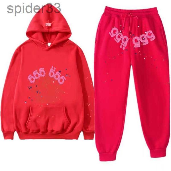 Felpa con cappuccio da uomo Designer Fashion Spider Web Digital 555 Abito stampato Casual Felpe rosse Pantaloni 2 pezzi Set Donna Sport Tuta da donna TPDZ