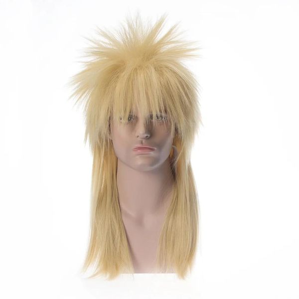 Perucas FGY Novo Europeu e Americano Masculino Dourado Longo Cabelo Liso Com Franja Peruca 70s e 80s Cosplay Punk Rock Peruca de Cabelo Sintético