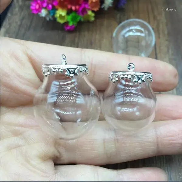 Colares de pingente 5 conjuntos 25/15mm 20 globo de vidro prata cor coroa base frascos jóias diy garrafa cúpula capa encantos