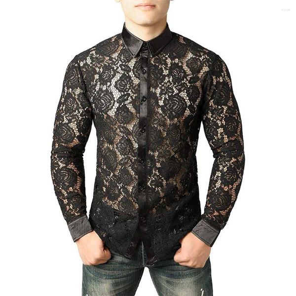 Camicie casual da uomo Camicia da uomo sexy rinascimentale medievale attraverso pizzo a maniche lunghe Abbigliamento cravatta Top moda cosplay floreale nero