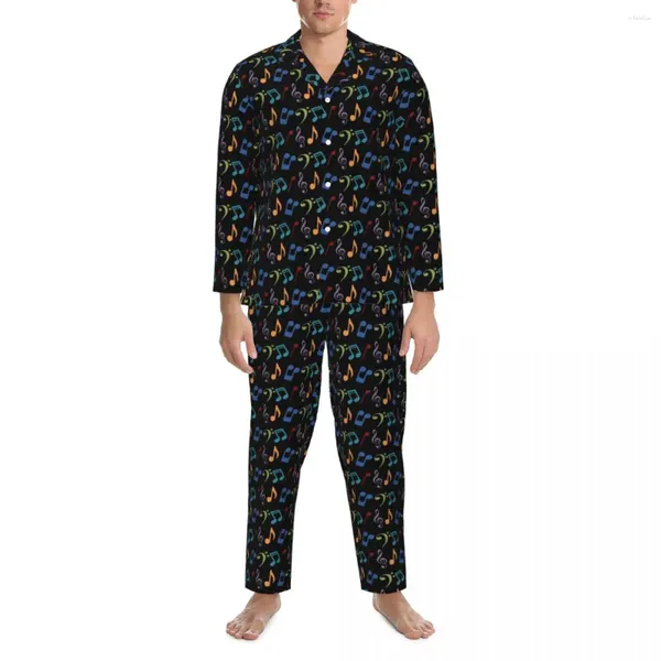 Pijamas masculinos pijamas masculino arco-íris música notas quarto retro impressão 2 peça conjunto estético manga longa quente oversized casa terno