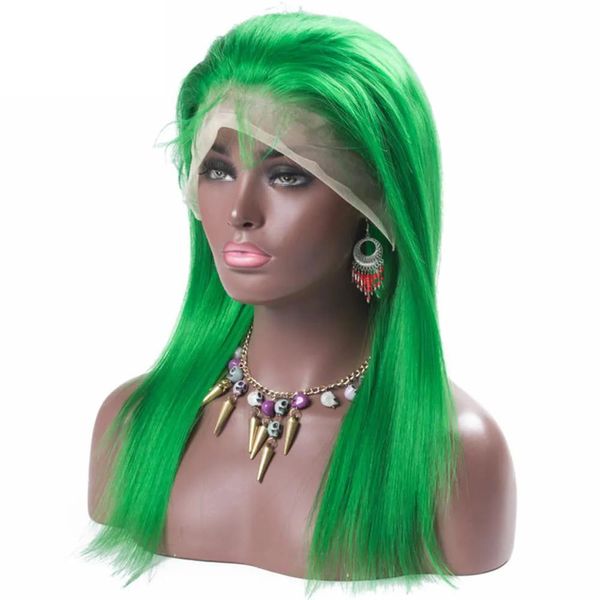 Perucas completas do laço perucas de cabelo humano brasileiro cor verde peruca reta grossa sem cola frente do laço perucas de cabelo humano com cabelo do bebê