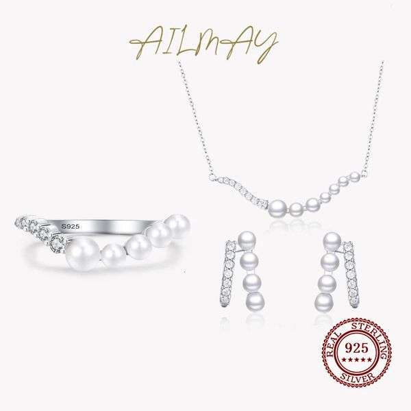 Ailmay fashionc real 925 prata esterlina estilo coreano elegante luxo pérola conjuntos de jóias para mulheres declaração de casamento 240116