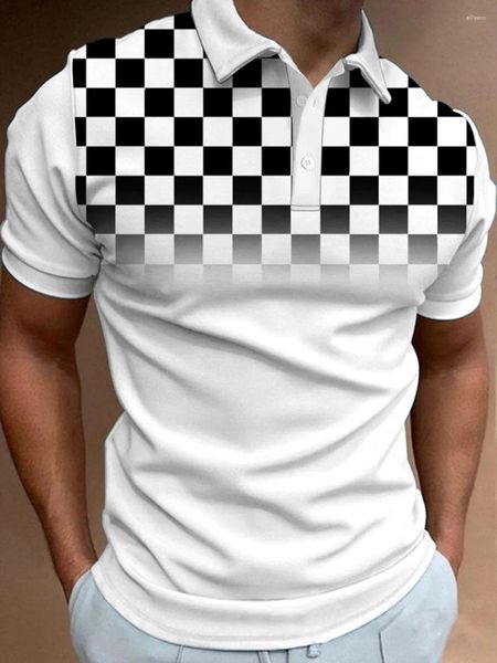 Polos masculinos DUTRIEUX Checkerboard Polka Dot Button Down Manga Curta Camisa Polo Respirável Negócios Moda T-shirt Roupas