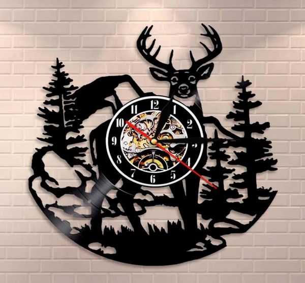 Береза Лес Олень Wall Art Woodlands Buck Настенный декор Виниловая пластинка Часы Mancave Охотничий клуб Животные Старинные настенные часы 201118681530