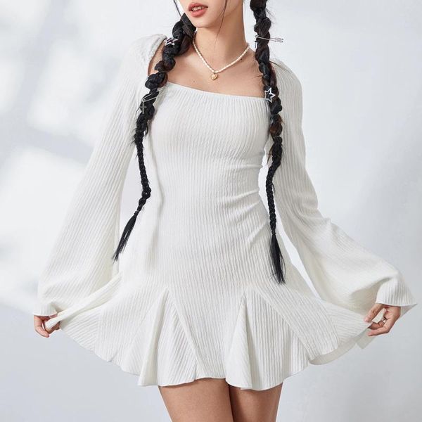 Повседневные платья женские Y2k мини-платье с длинным рукавом с квадратным вырезом и рюшами короткое элегантное сказочное милое облегающее коктейльное клубное платье однотонное белое