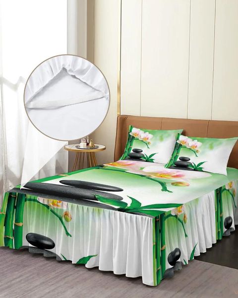 Saia de cama zen pedras orquídeas flor verde bambu elástico colcha com fronhas capa de colchão conjunto de cama folha