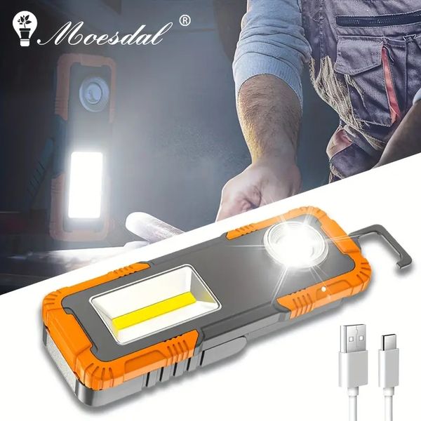 Lampada da lavoro COB multifunzionale da 1 pezzo, torcia LED ricaricabile tramite USB, design con gancio magnetico portatile, lanterna esterna impermeabile, potente torcia a 3 modalità, tuta per il campeggio