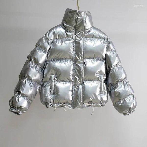 Damen-Trenchmäntel, Streetwear, Damen, glänzend, schwarz, PU-Leder, Pufferjacke, Winter, dicke Blase, helles metallisches Silber, Parka mit Daunen