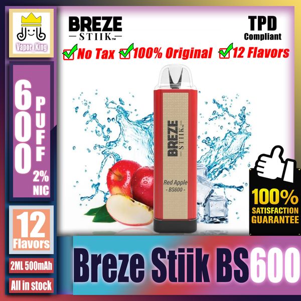 Оригинальные электронные сигареты Breze Stiik BS600 Puff, совместимые с 600 TPD, одноразовые электронные сигареты с кристаллическим корпусом, 2% сетчатая катушка, ручка для вейпа с батареей 500 мАч, 2 мл VS BS6500 7500 8500