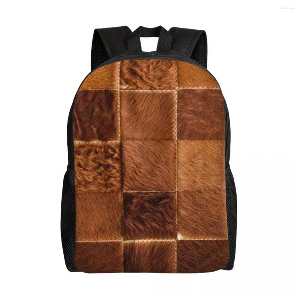 Школьные сумки, коричневый клетчатый рюкзак из воловьей кожи с нашивкой и принтом, рюкзак для студентов колледжа, подходящий для 16-дюймового ноутбука, мех животных, кожаный узор
